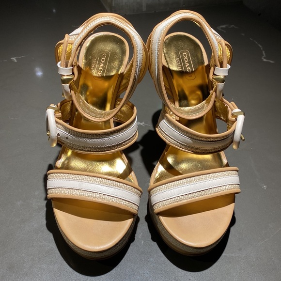 Coach Gold & White Woven Wedge Heels - Picture 2 of 11